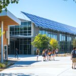 A school building with a solar energy monitoring system displayed at the entrance, students learning about renewable energy A school building with a solar energy monitoring system displayed at the entrance, students learning about renewable energy