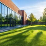 A photograph of a modern school building with large windows and a green lawn. Sunlight is shining through the glass onto the lush grass. A photograph of a modern school building with large windows and a green lawn. Sunlight is shining through the glass onto the lush grass.